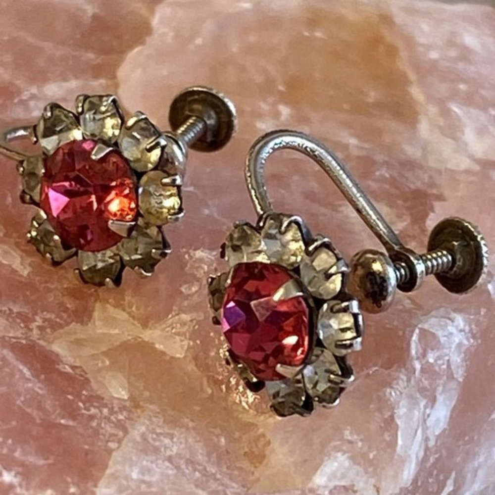 Vintage Sterling Silver & Crystal Flower Earrings